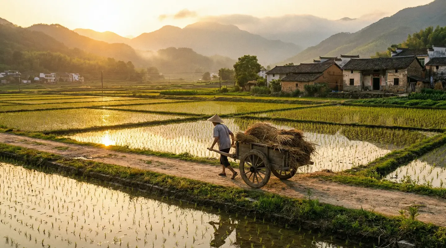 老汉推车 - 金色夕阳下的乡村田野，老农推着木车行走在田埂上