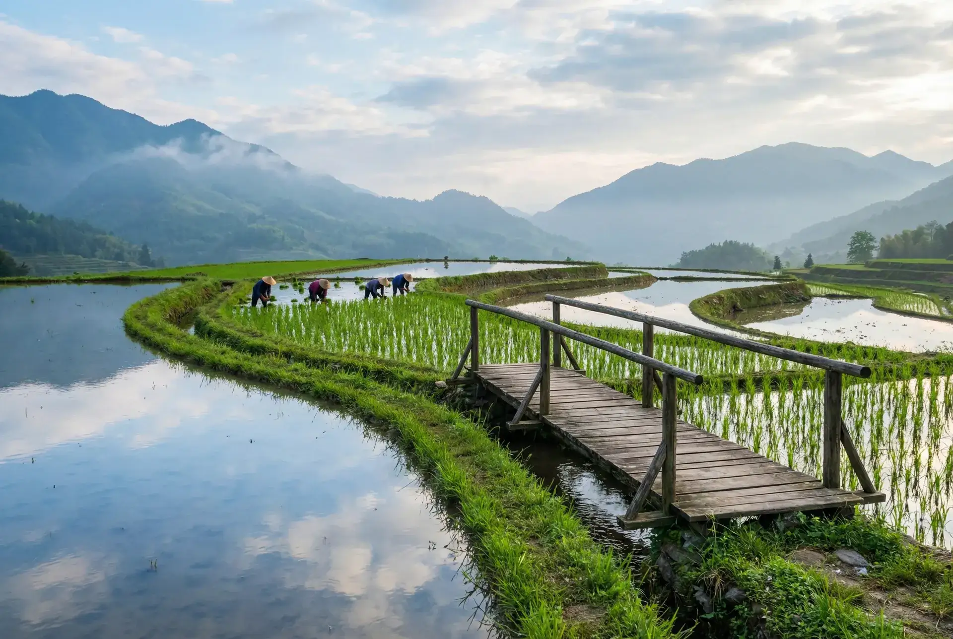 层叠梯田倒映天光，农人在水田间劳作 - 老汉推车 田园风光