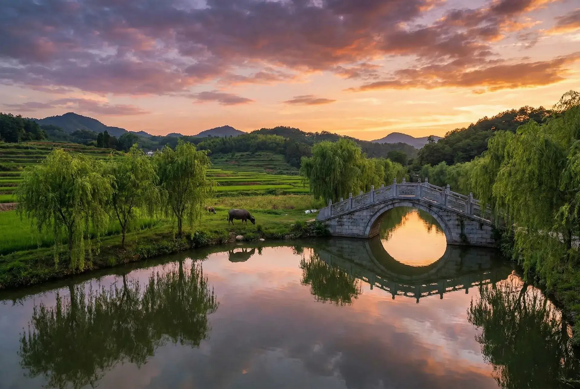 夕阳下的石拱桥与垂柳，水牛在河边吃草 - 老汉推车 乡村美景