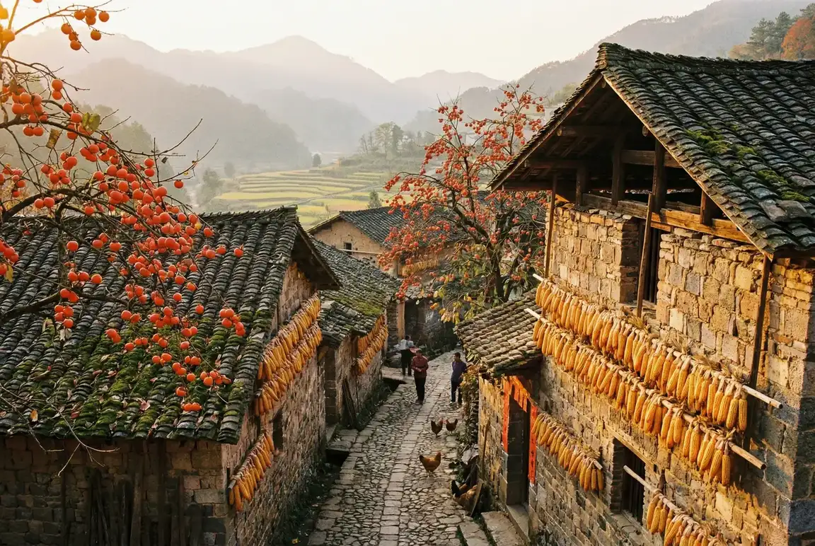 秋天的古村落，柿子树挂满红果，玉米晾晒在墙上 - 老汉推车 秋收景象