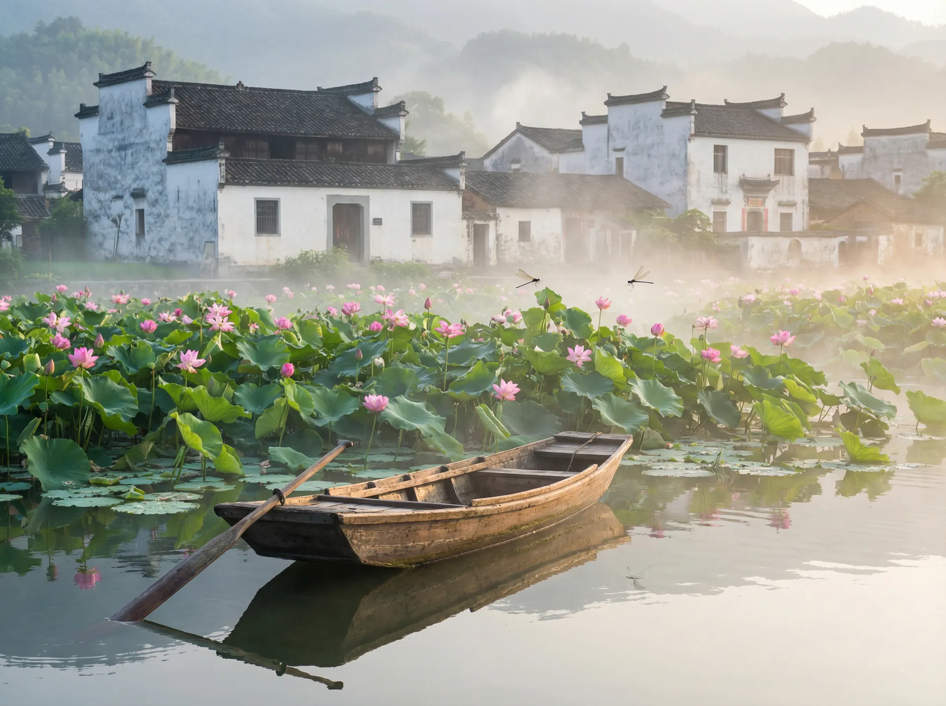 清晨荷塘小舟，粉色荷花盛开，白墙黑瓦的村庄 - 老汉推车 水乡风情