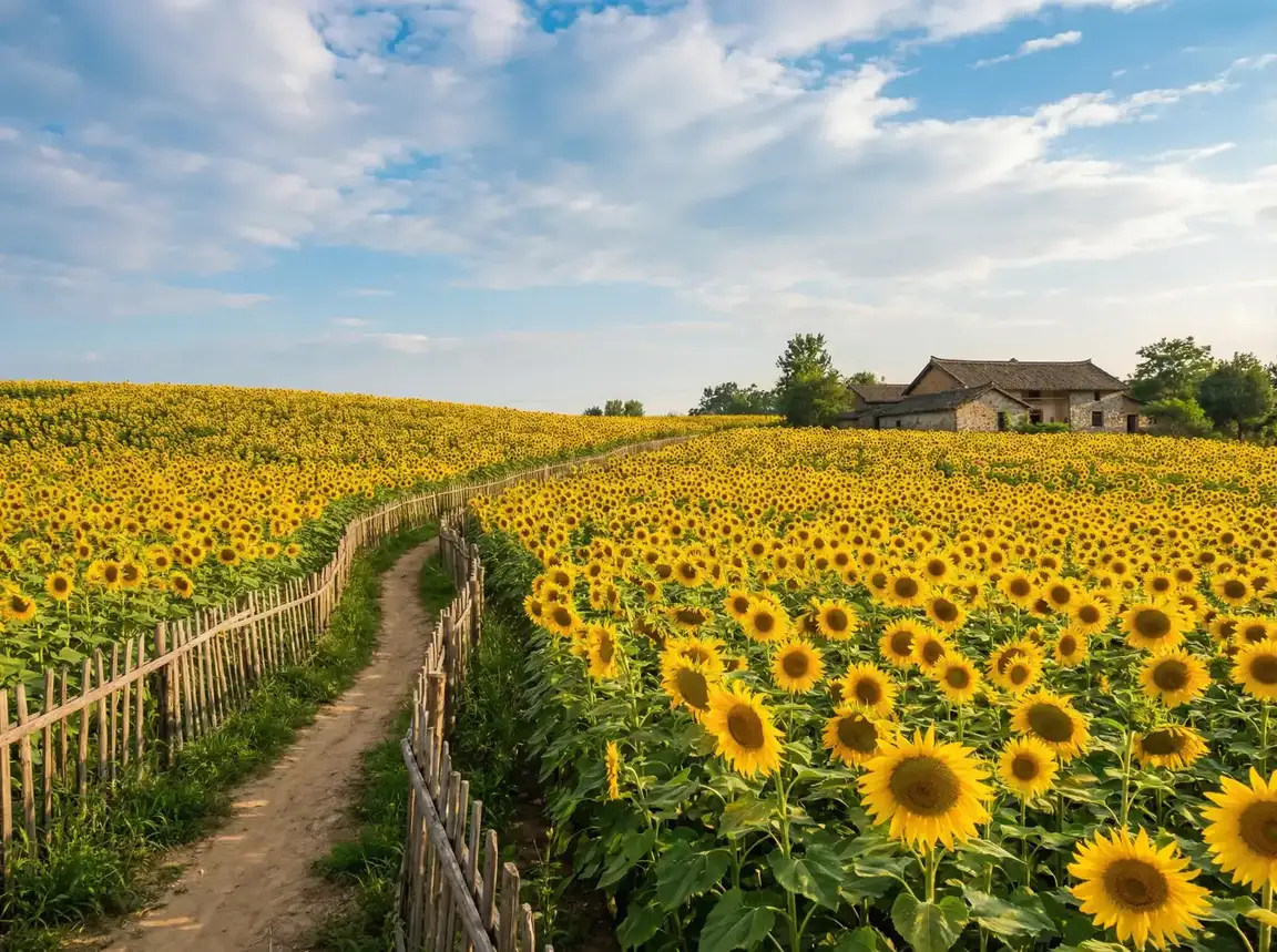 金灿灿的向日葵花海一望无际 - 老汉推车 乡野花田
