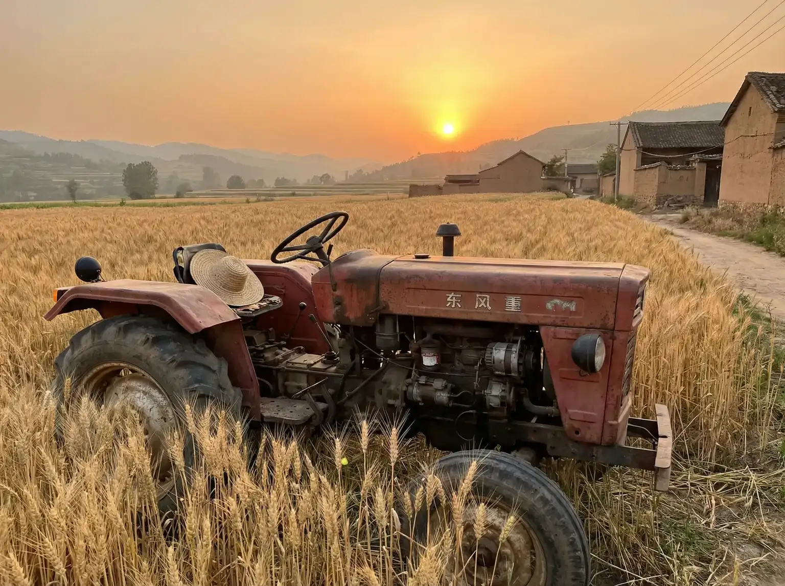 夕阳下的老式拖拉机停在麦田边 - 老汉推车 田间记忆