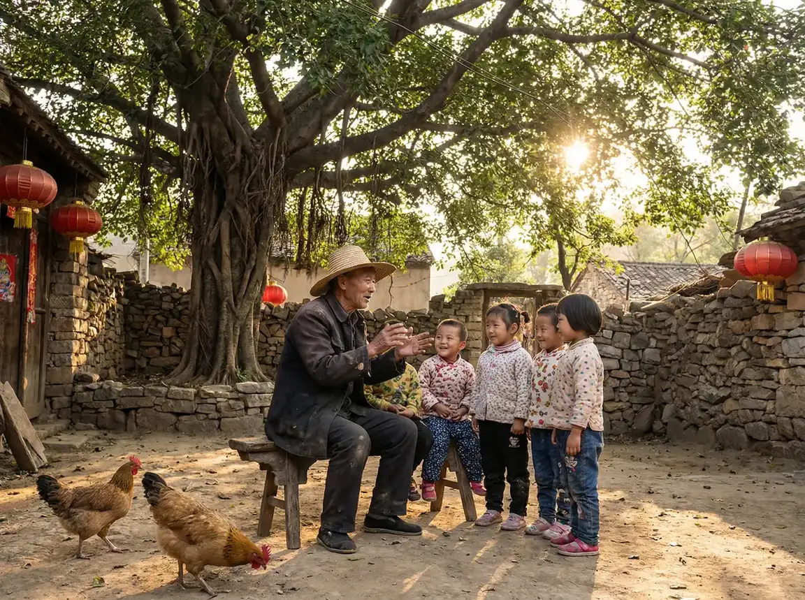 老人在大榕树下给孩子们讲故事 - 老汉推车 乡村记忆