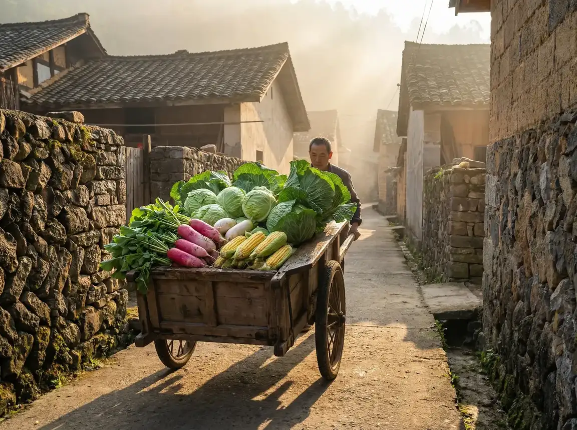 清晨推着满载蔬菜的独轮车穿过村巷 - 老汉推车 乡间日常