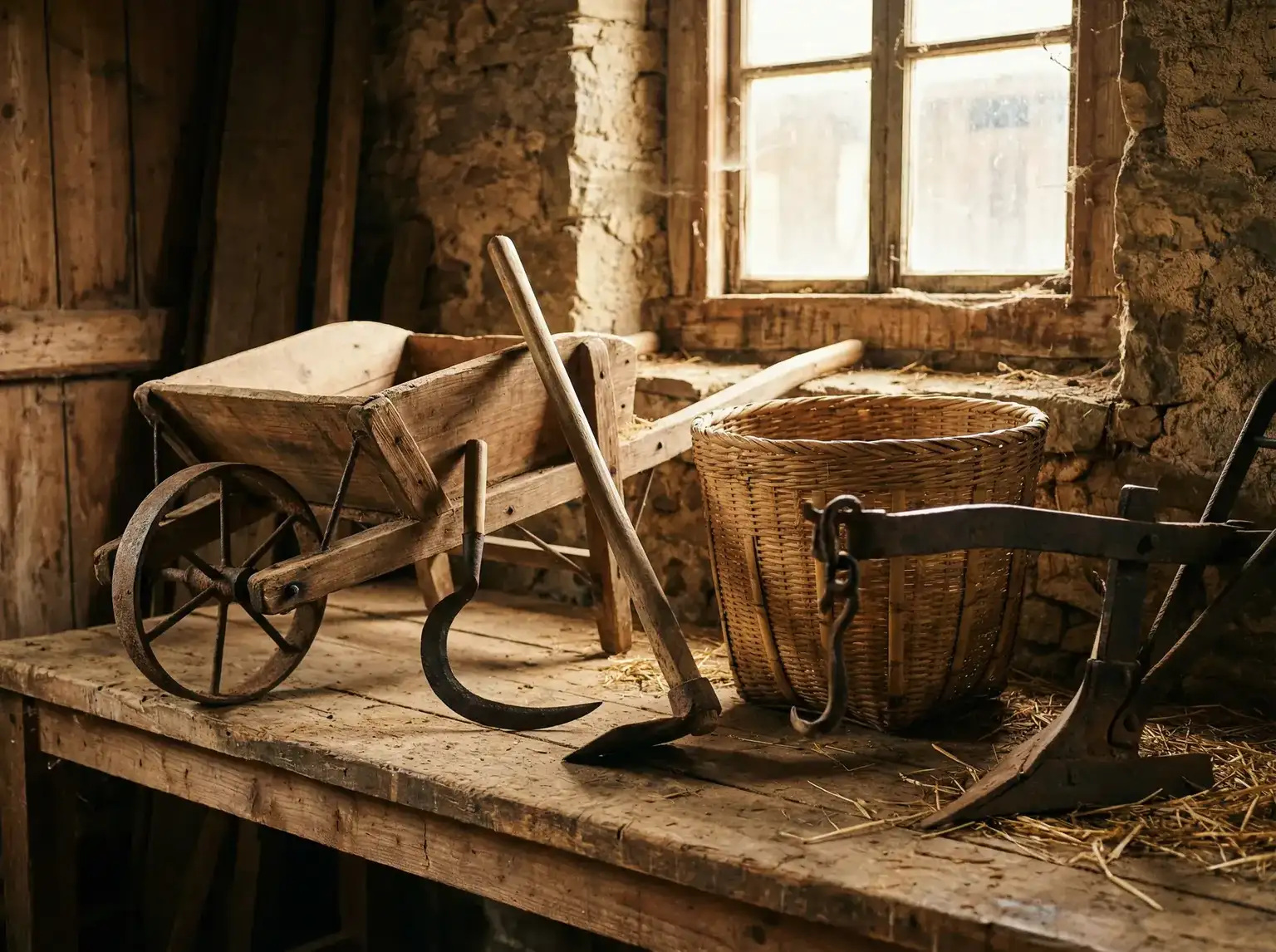 传统农具陈列在木质工作台上 - 老汉推车 农具评测