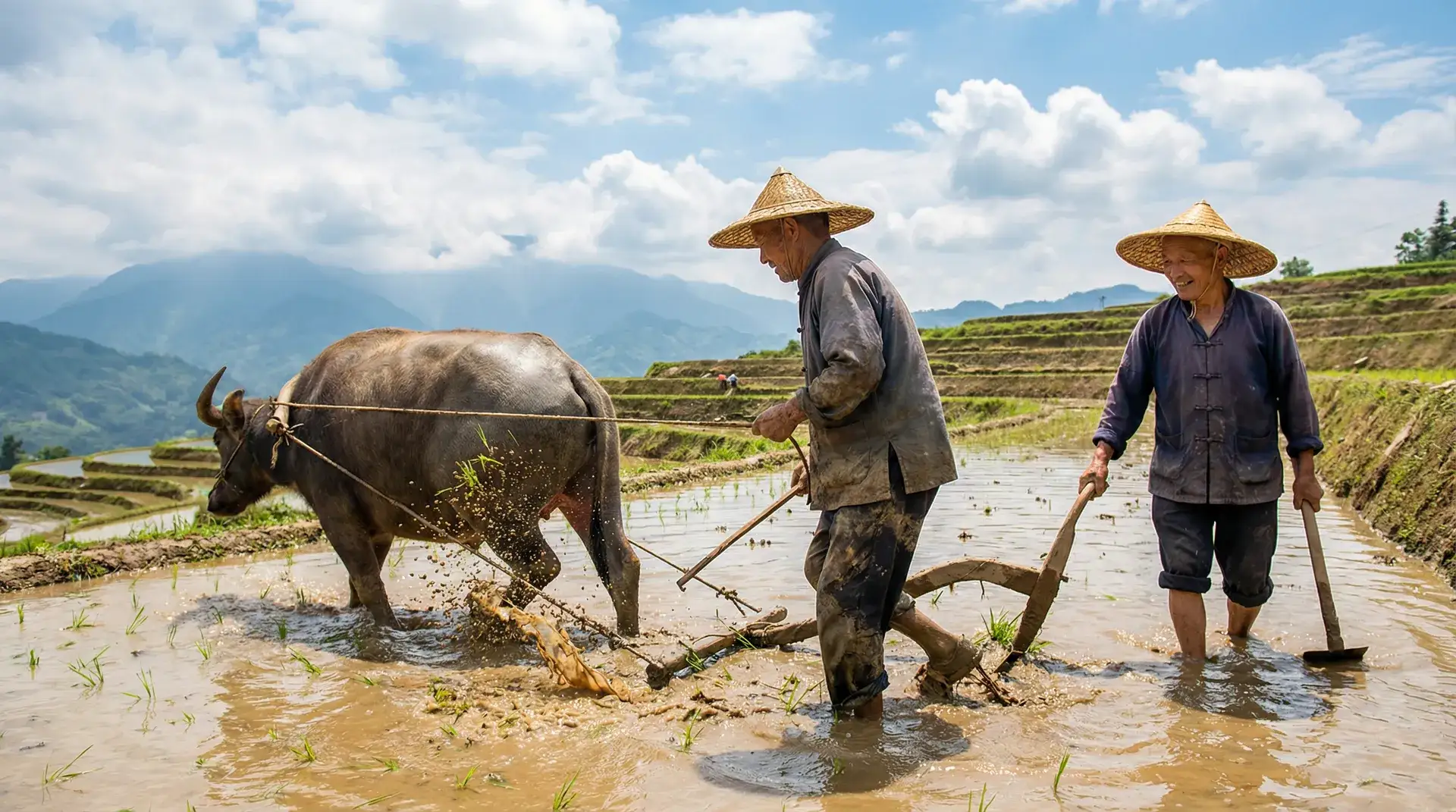 水牛犁田的乡村劳作场景 - 老汉推车 农耕纪实