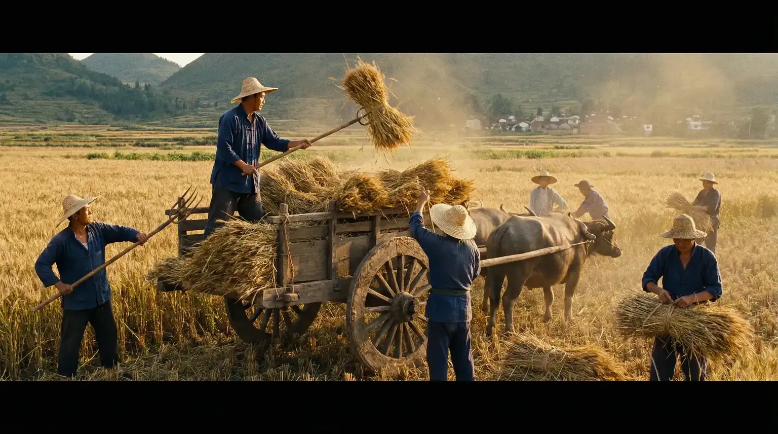丰收季节农民装车运粮 - 老汉推车 秋收场景